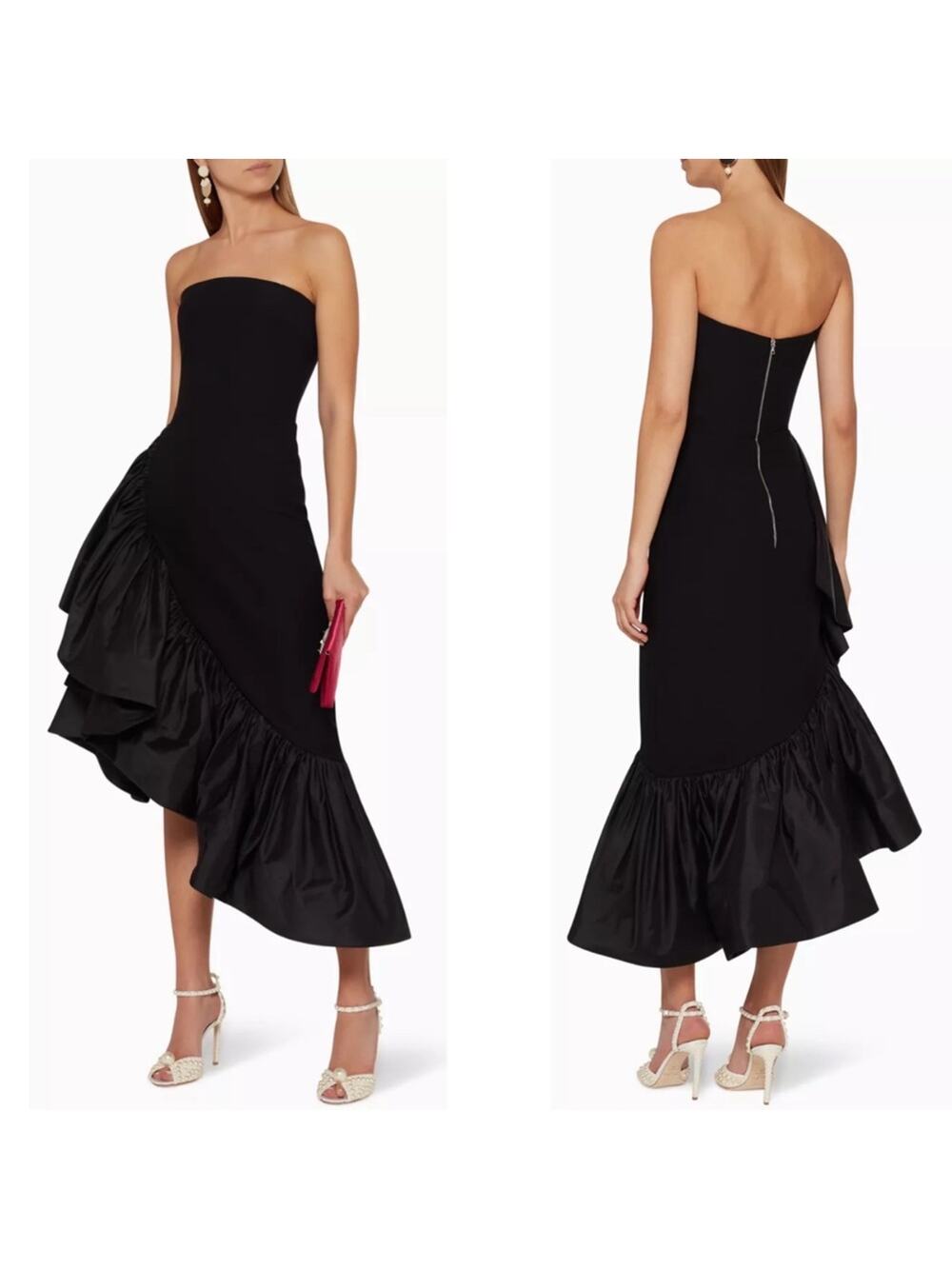 RASARIO Ruffled Silk and Crepe Corset Strapless Black Midi Dress Size 4